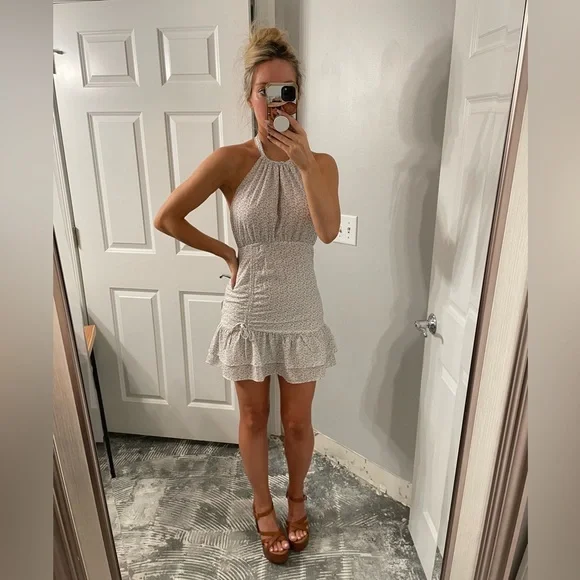Off White Dusty Blue Floral Halter Dress